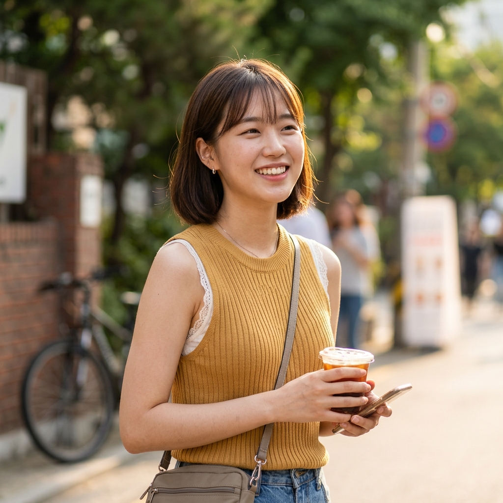 여름 햇살 아래 다양한 나시를 레이어드한 20대 여성의 밝은 미소