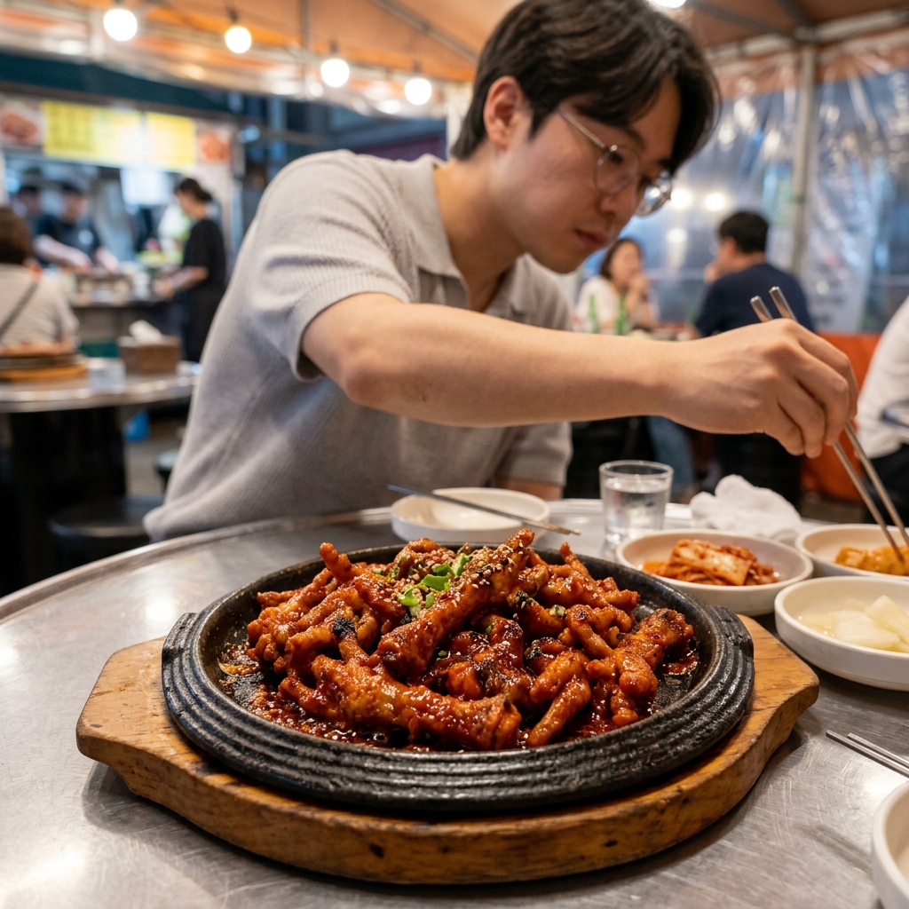 매콤한 양념에 윤기 나는 닭발이 철판 위에 담긴 모습