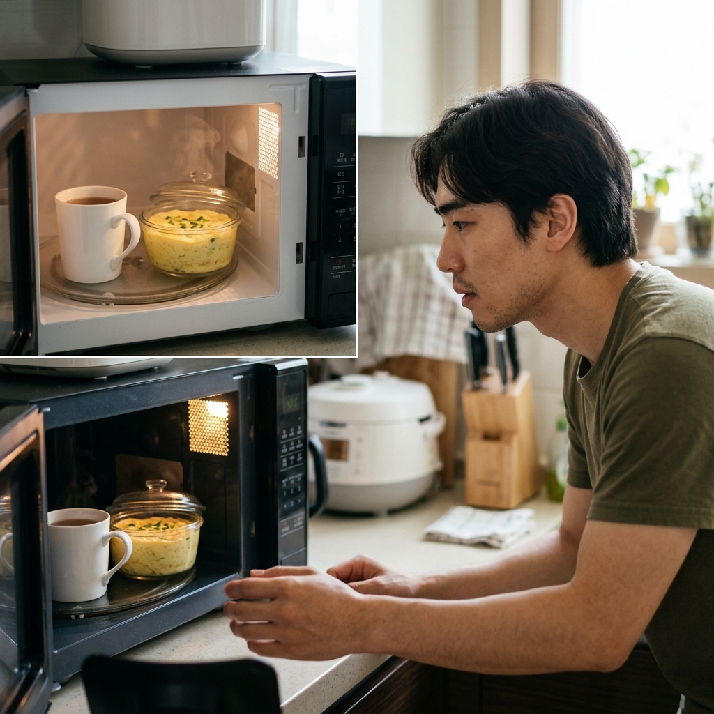 전자레인지 안에 들어가 있는 머그컵과 계란찜 용기