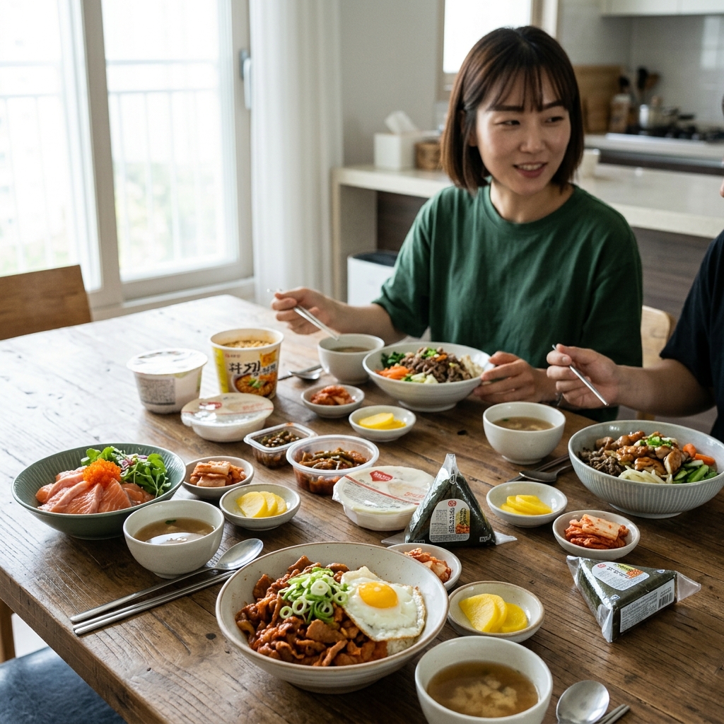 다양한 덮밥과 간편식이 놓인 식탁 풍경