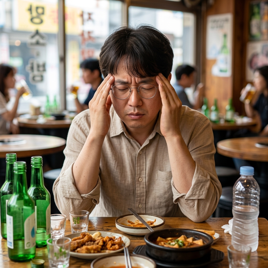 술잔 앞에서 머리를 감싸 쥐고 기억을 떠올리려 애쓰는 모습