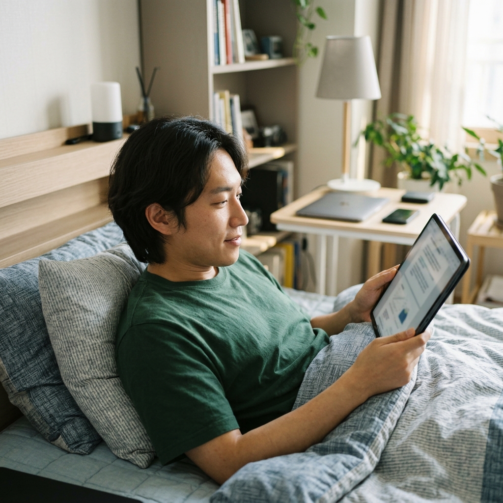 침대에서 편안히 휴식 중인 직업 체험 장면