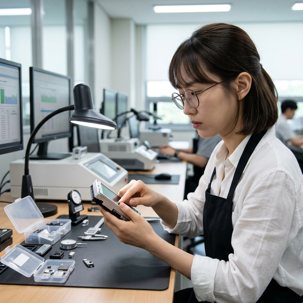 제품 품질 검사 중인 전문 평가자