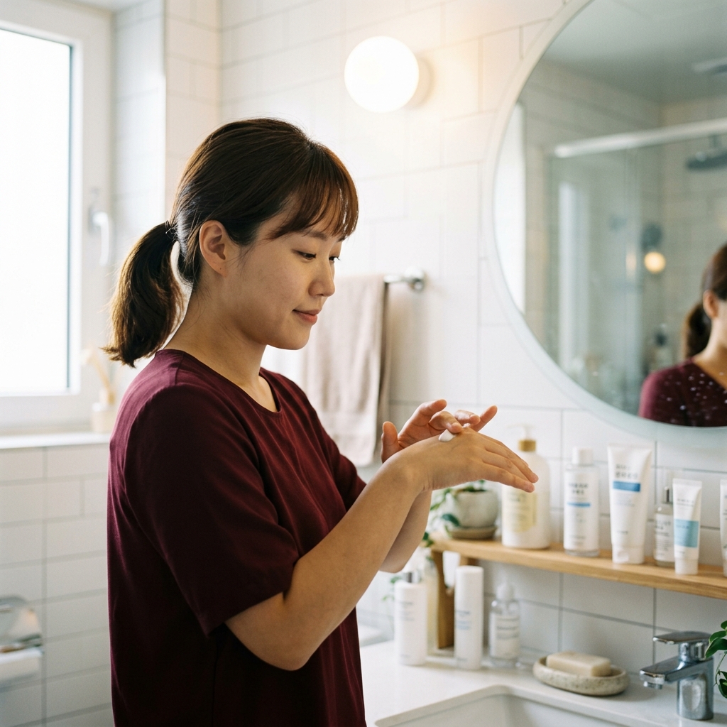 여름 아침 세면대 앞에서 기초 화장품을 손등에 소량씩 덜어내며 흡수 상태를 확인하는 중장년 여성의 모습
