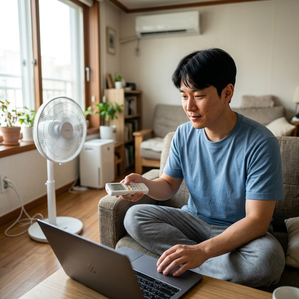 원룸 거실에서 노트북을 사용하는 30대 성인, 에어컨 리모컨을 손에 들고 설정 화면을 확인하는 모습, 창가에 선풍기가 함께 보임, 자연광