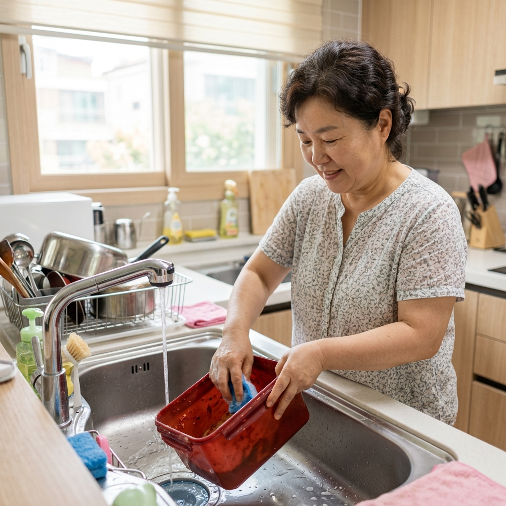 김치 밀폐용기를 싱크대에서 씻고 있는 50대 여성의 손, 얇은 반팔 셔츠 소매가 보이는 주방 장면