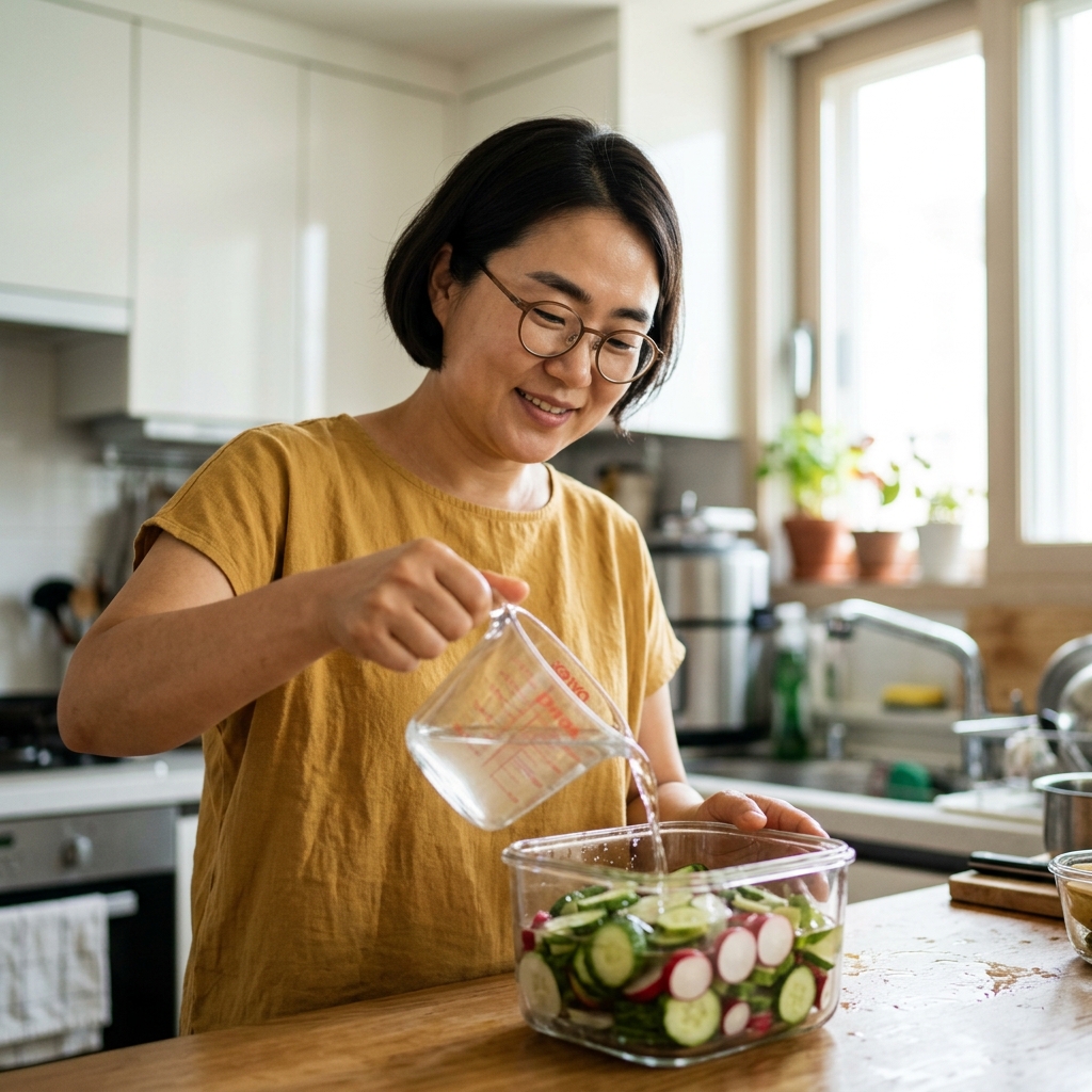 투명한 밀폐용기에 식초물을 붓는 장면, 주방 조리대 위 밝은 오전 빛