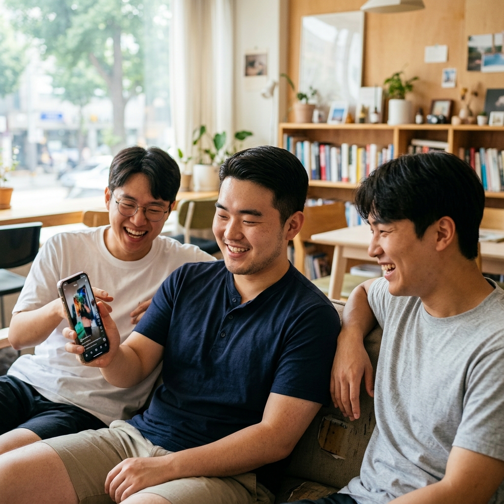 스마트폰으로 릴스를 보며 웃고 있는 젊은 친구들의 모습