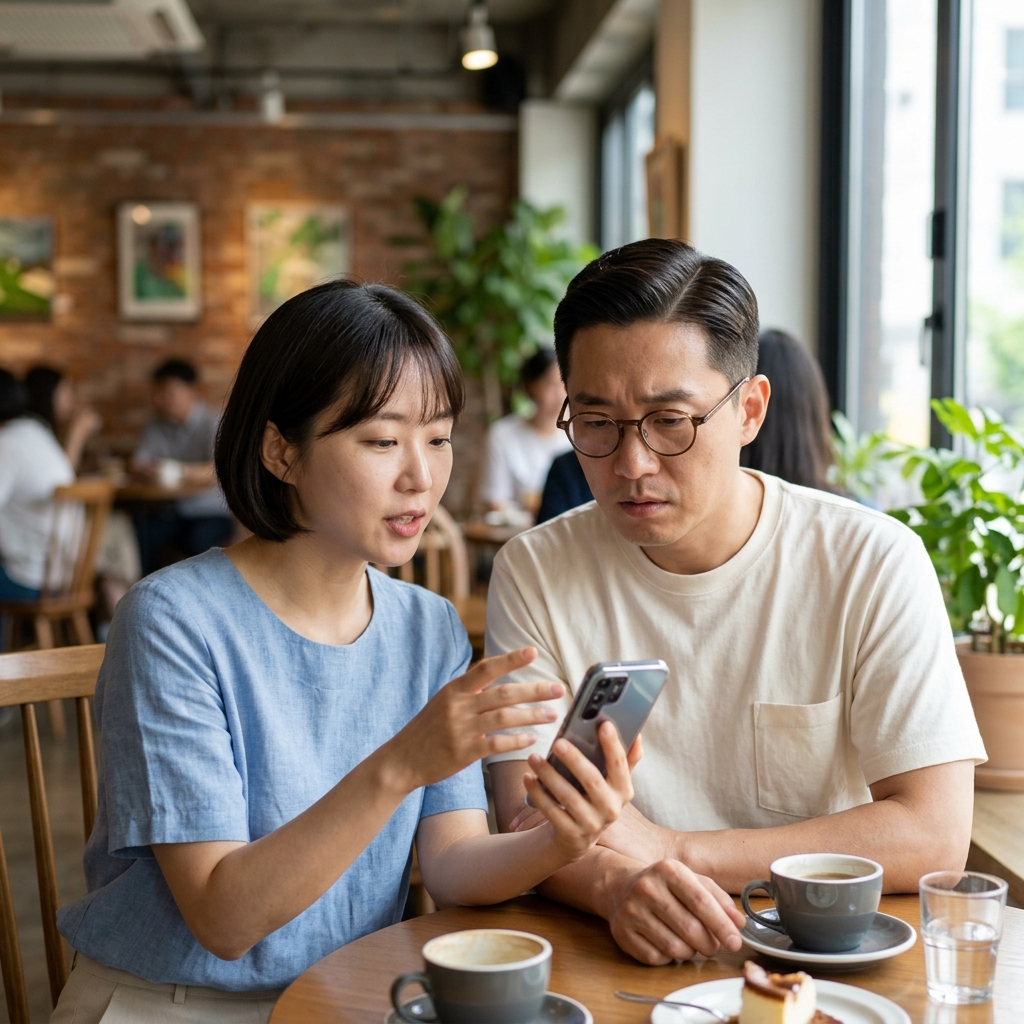 카페에서 스마트폰 화면을 함께 보며 대화하는 두 사람