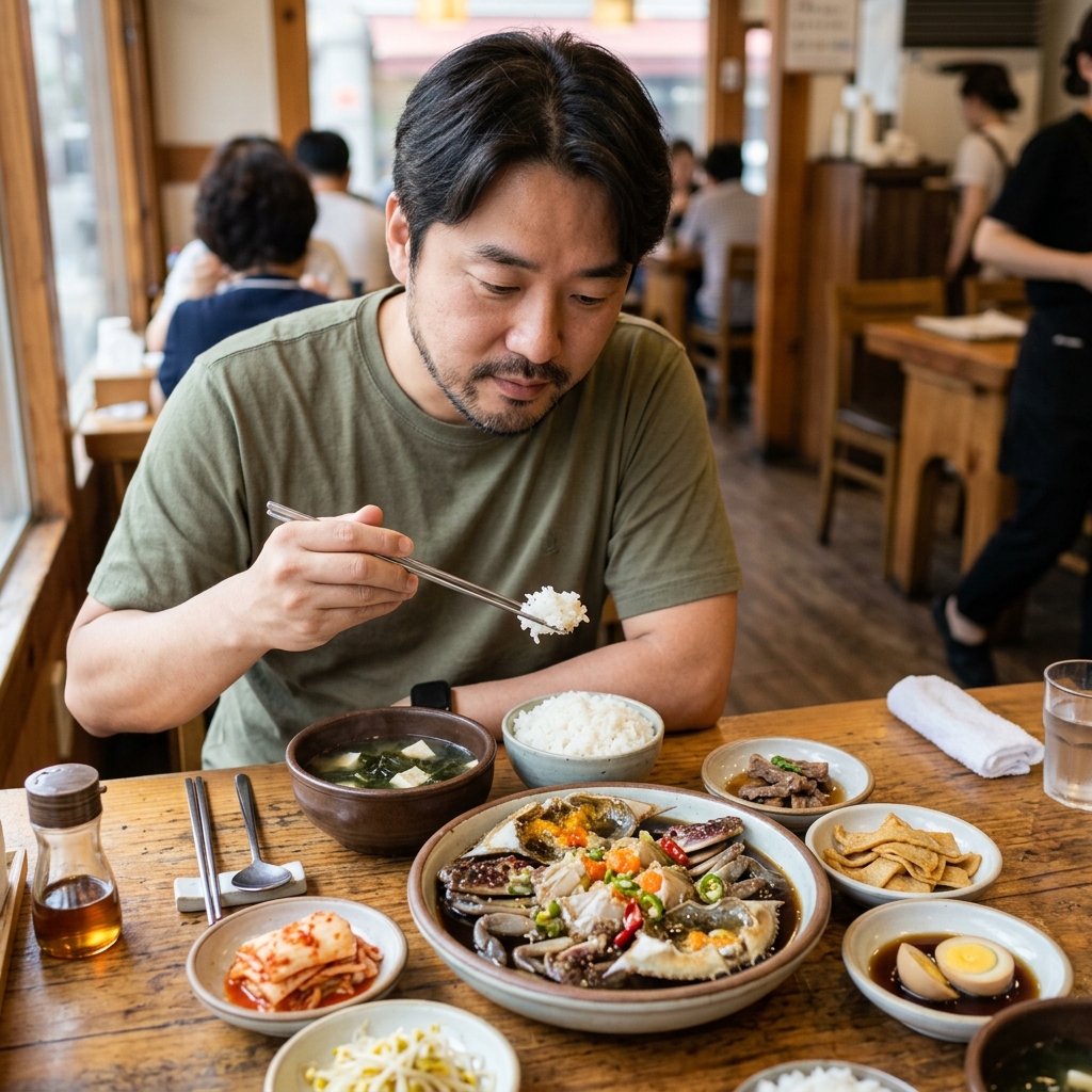 간장게장과 밥을 함께 차려놓은 한상 차림