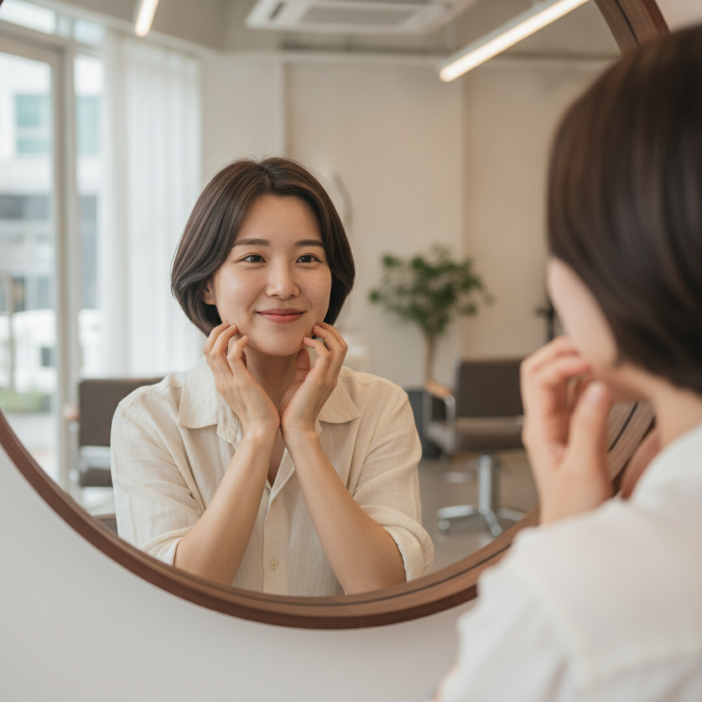 여성이 거울 앞에서 단발 헤어스타일을 확인하며 만족스러운 표정을 짓는 장면