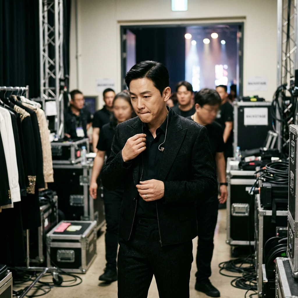 화려한 무대 뒤편에서 긴장한 표정으로 준비 중인 연예인의 모습