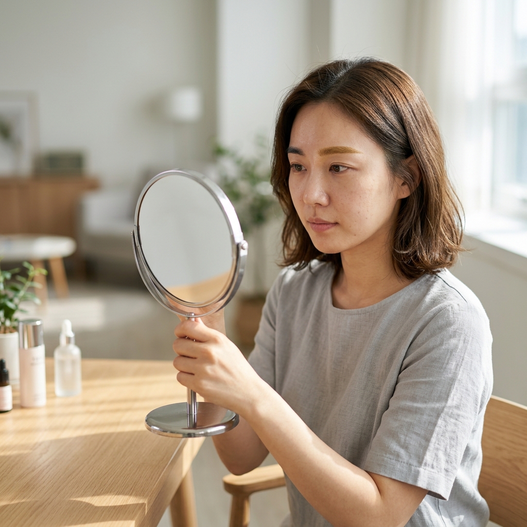 눈썹 탈색 전후 비교 모습을 보여주는 밝은 실내 장면