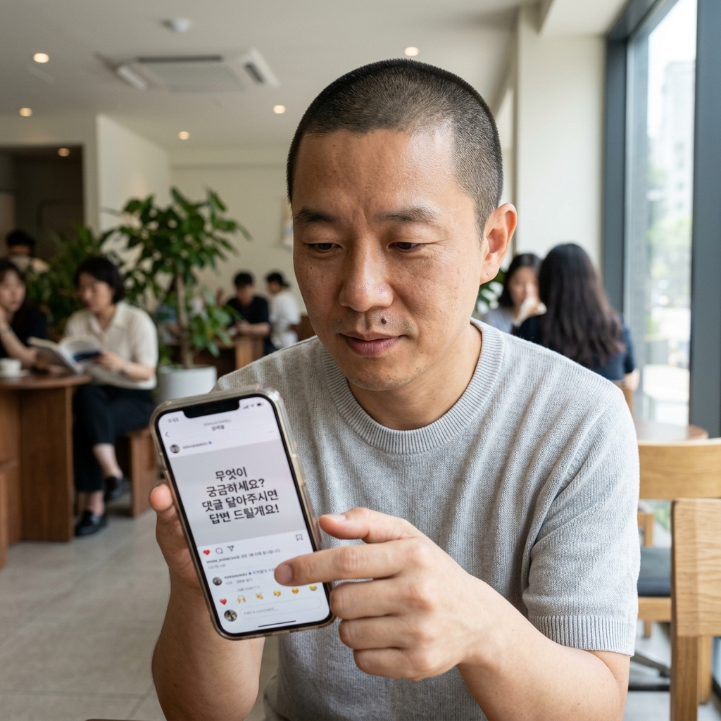 인스타그램 피드에서 댓글 유도형 정보 포스트를 보고 있는 모습