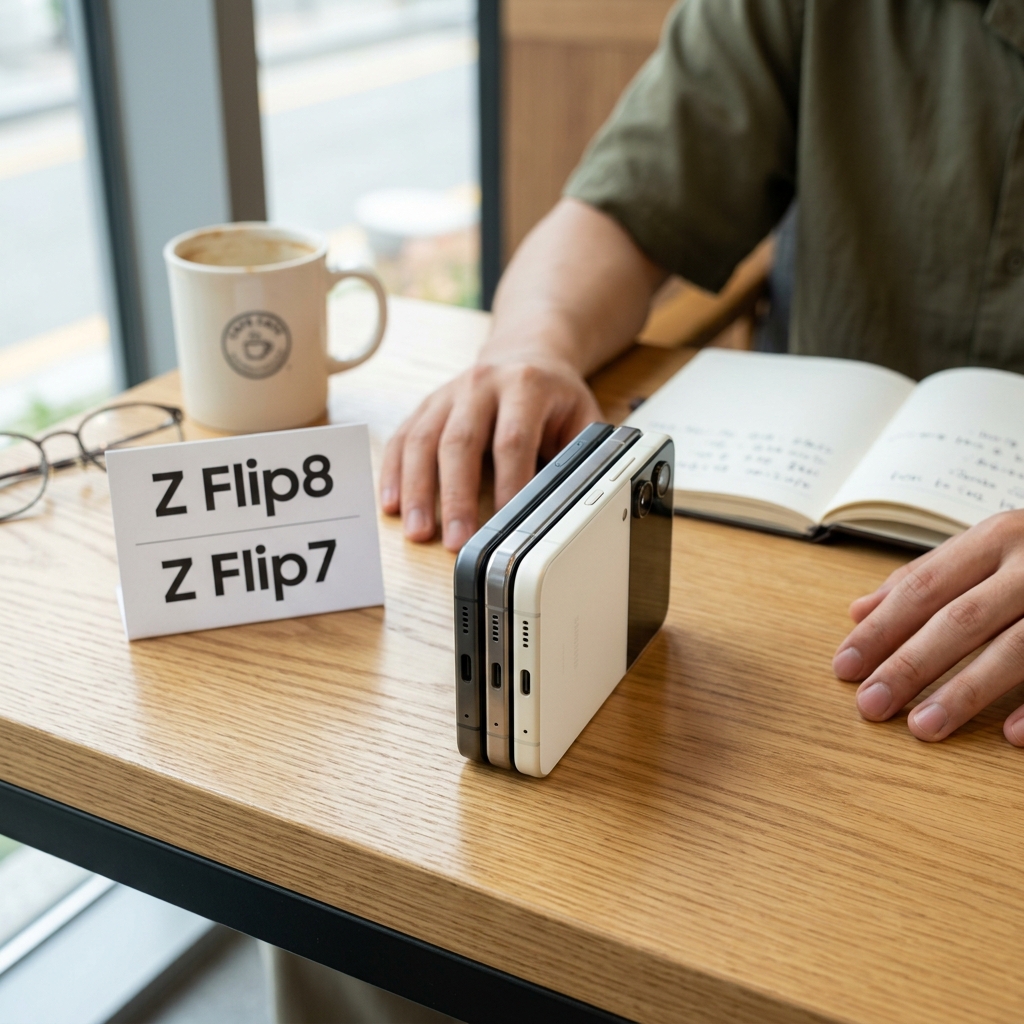 Z Flip8과 Z Flip7 나란히 놓인 두께 비교 장면