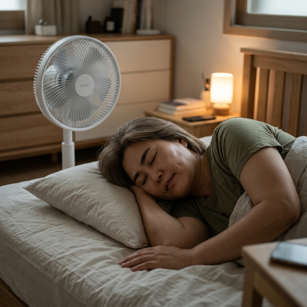 조용한 침실에서 회전하는 선풍기와 편안히 잠든 사람