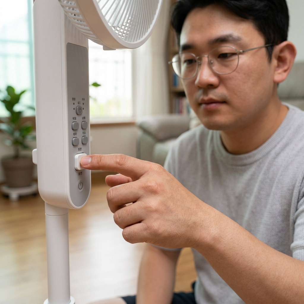 선풍기 회전 기능 버튼을 누르는 손