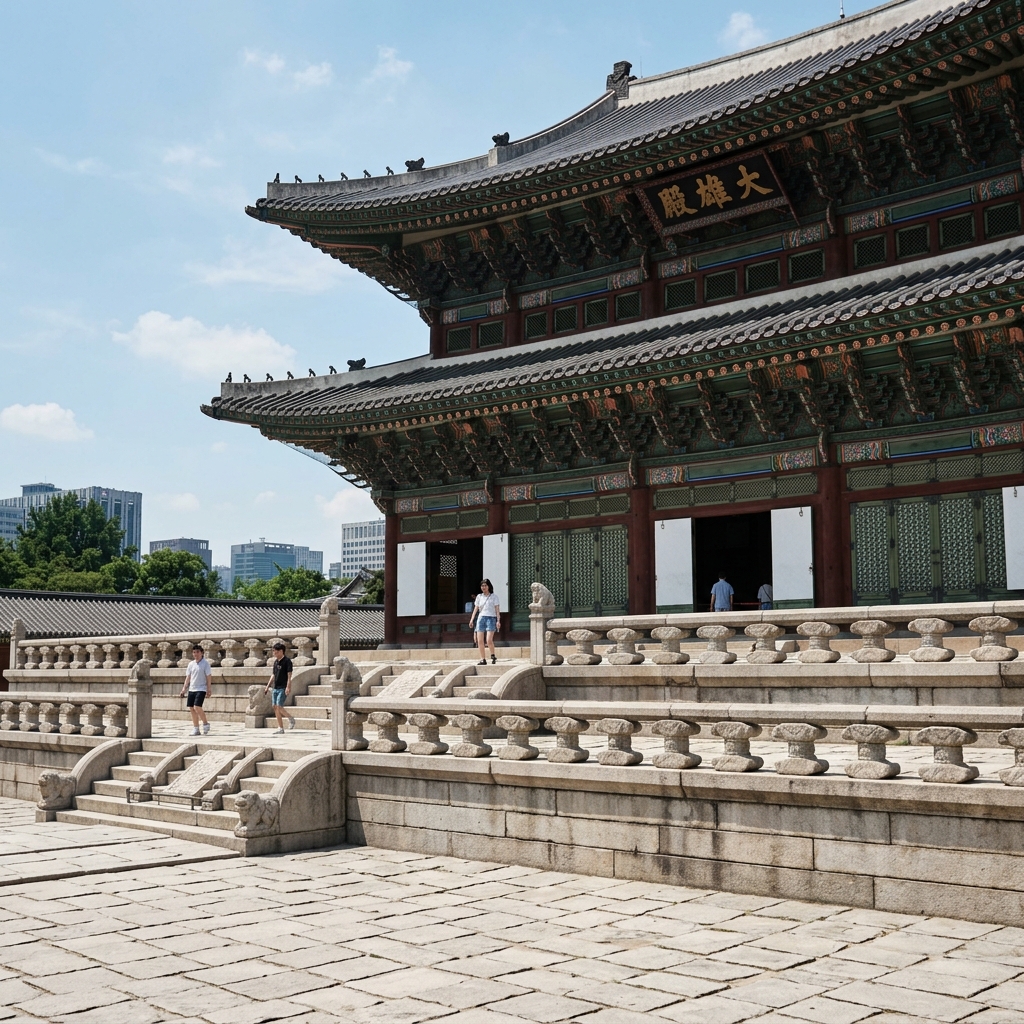 서울 도심 속 전통 궁궐의 위엄 있는 정전 건물과 석조 계단