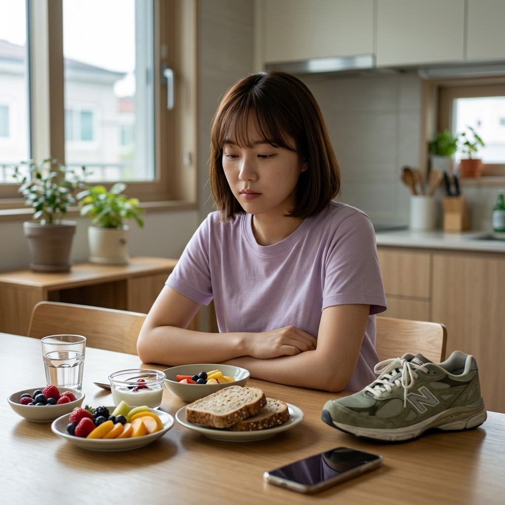 건강한 식단과 운동화가 놓인 테이블