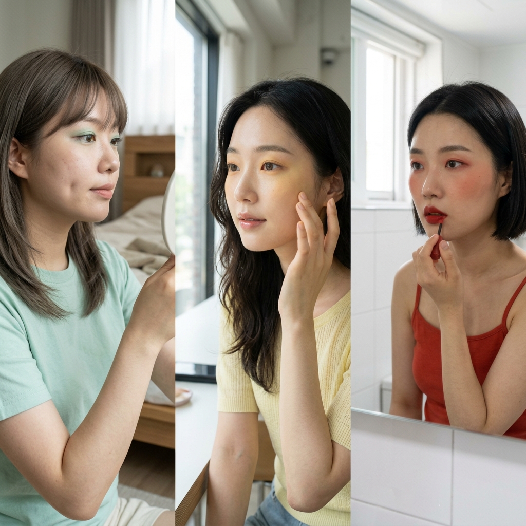 민트, 레몬, 토마토 컬러를 각각 활용한 세 가지 메이크업 룩 비교