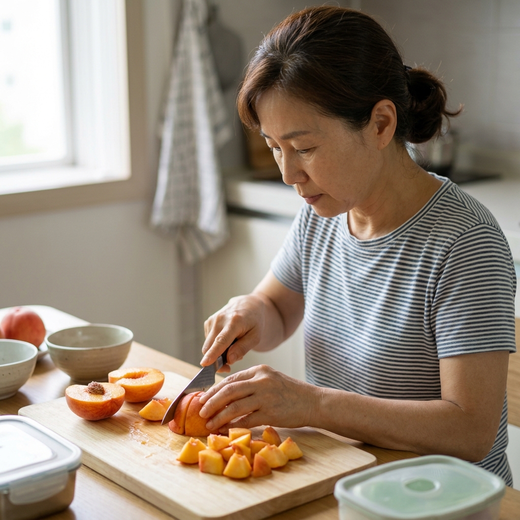 복숭아를 한입 크기로 자르는 손질 장면