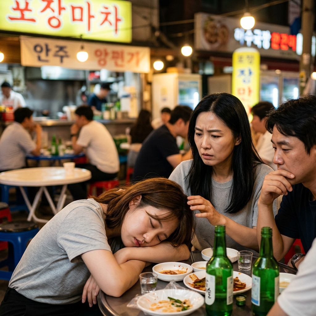 친구들과 술자리에서 만취한 사람을 걱정스럽게 바라보는 장면