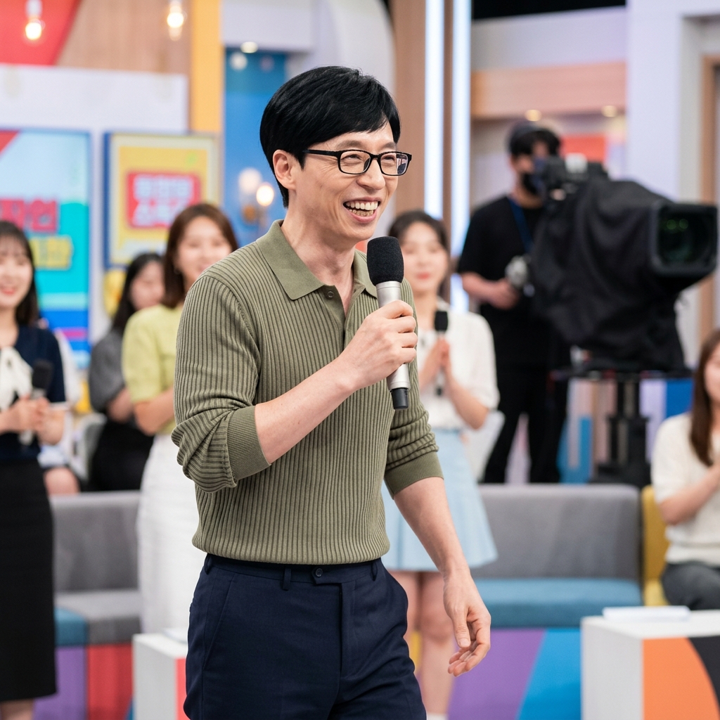 유재석이 방송 녹화 중 밝은 표정으로 진행하는 모습