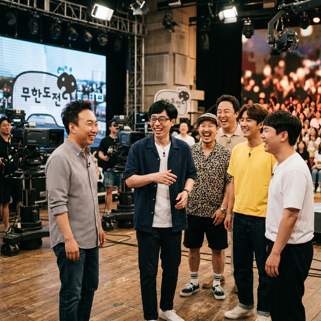 무한도전 멤버들이 함께 웃고 있는 스튜디오 촬영 장면