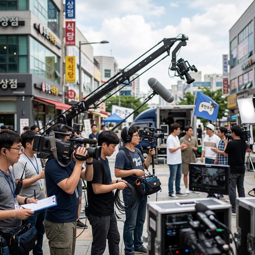 무한도전 촬영 현장에서 카메라와 스태프들이 보이는 모습