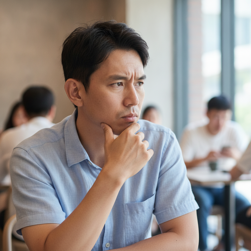 누군가의 말투를 관찰하며 따라 하는 사람의 집중하는 표정