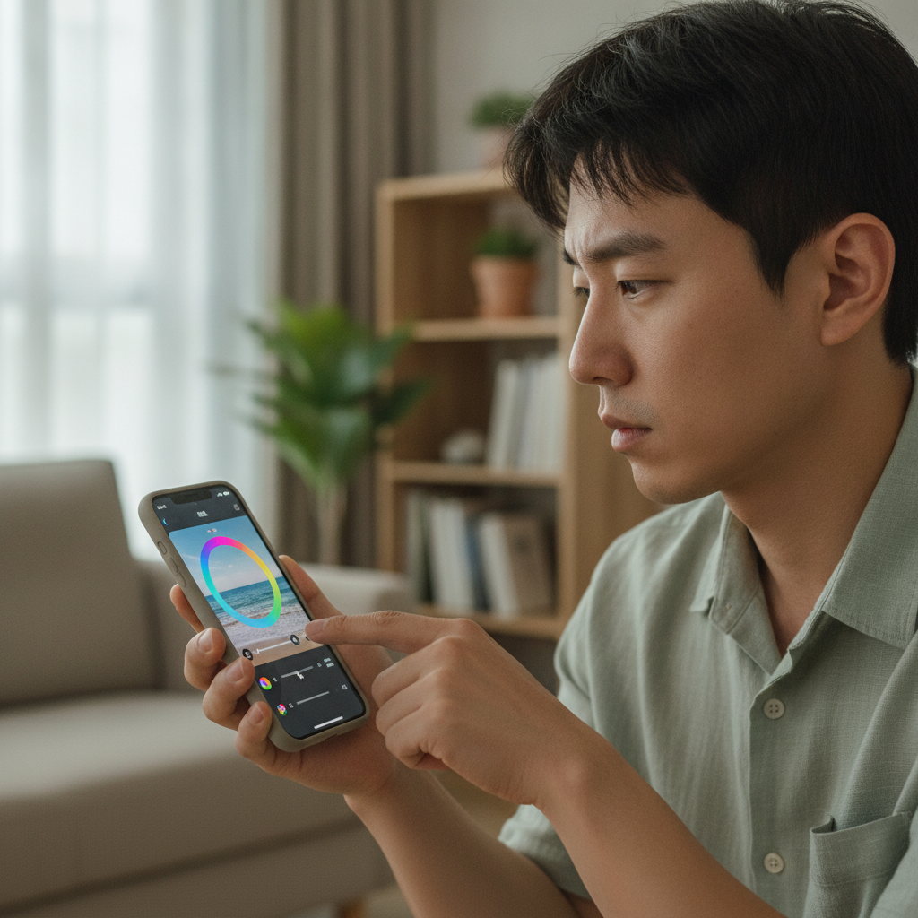 스마트폰 화면에서 HSL 색상 조정 중인 모습