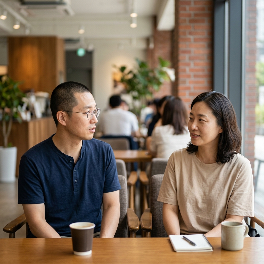 카페에서 편안하게 대화하는 한국인 남녀