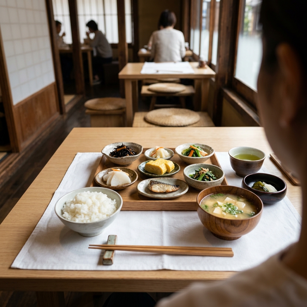 일본 전통 식당 실내에서 흰색 식탁보 위에 놓인 나무 젓가락과 작은 도자기 접시들, 정갈하게 담긴 반찬과 밥그릇이 개인 상차림으로 배치된 장면