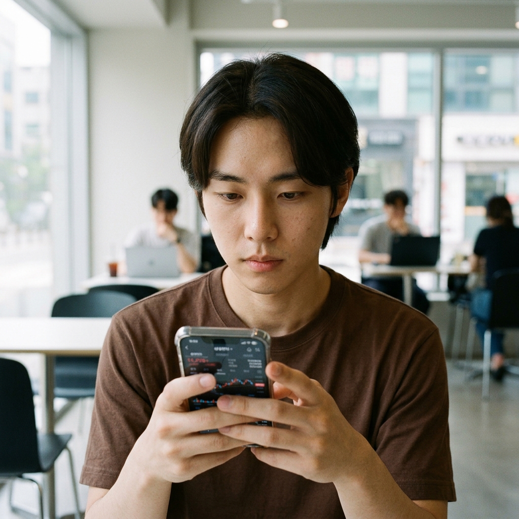 스마트폰으로 주식 앱을 열어보는 초보 투자자의 모습