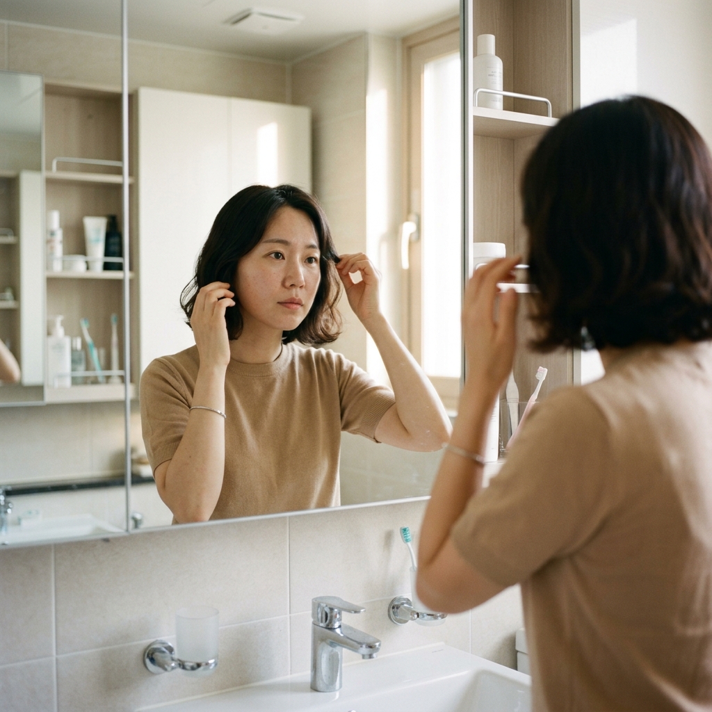 거울 앞에서 머리카락을 확인하는 한국인 30대 여성의 모습