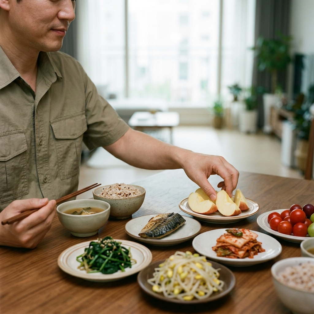 건강한 식단과 과일이 놓인 식탁 위 한국인의 손