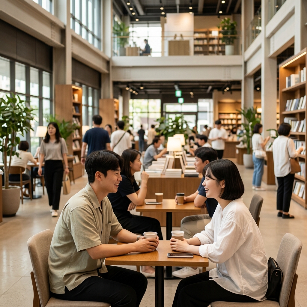 시원한 실내 복합문화공간에서 데이트를 즐기는 20대 커플의 모습, 밝은 조명과 세련된 인테리어