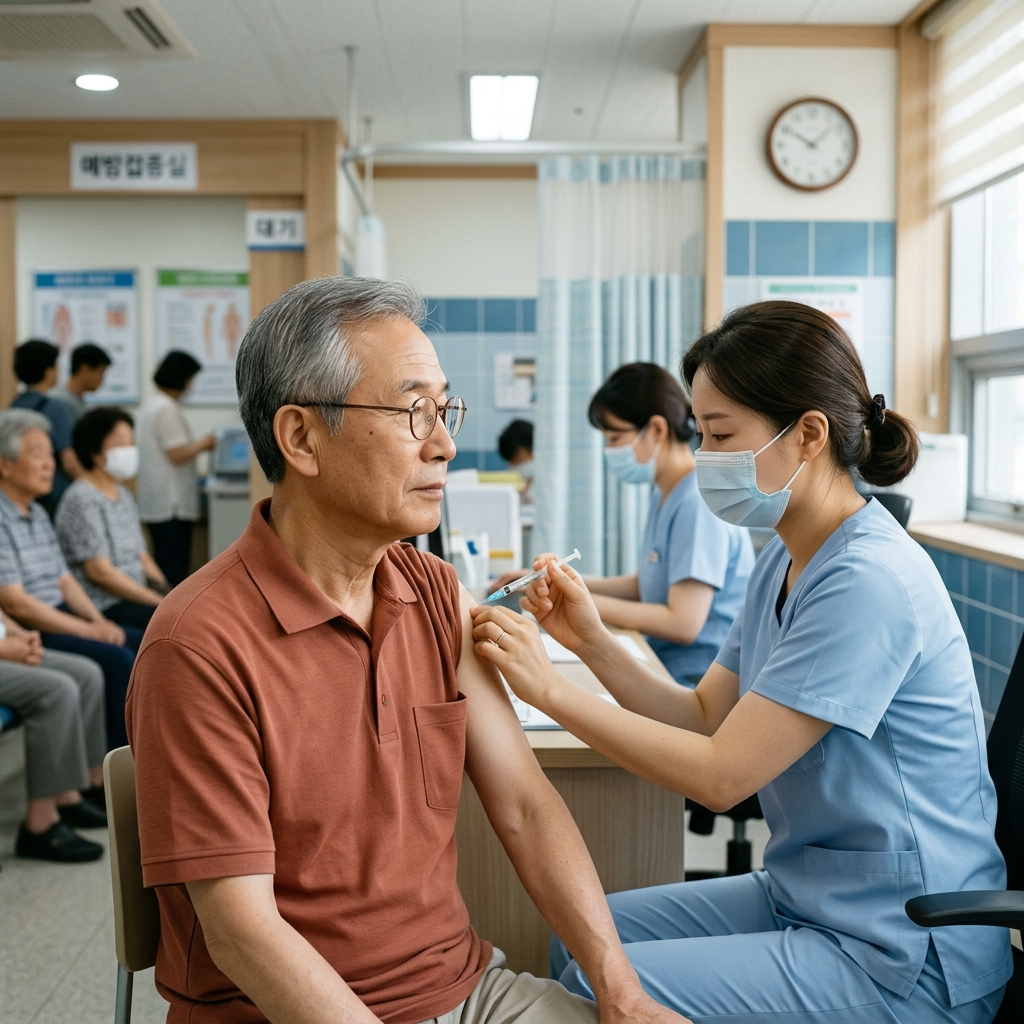 보건소 예방접종실에서 독감 주사를 맞는 70대 독자와 간호사
