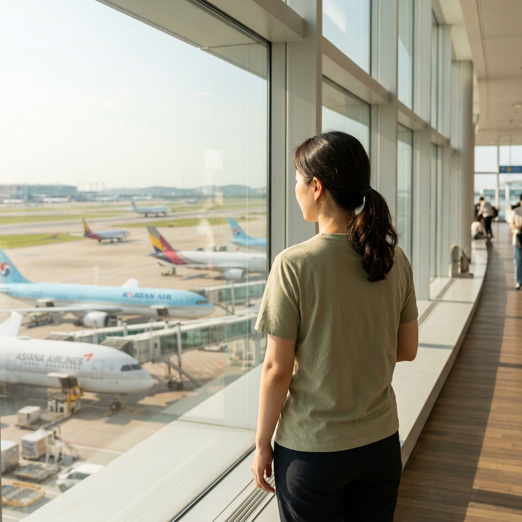 인천공항 제2터미널 5층 전망대에서 창밖 활주로와 대기 중인 여객기를 바라보는 30대 여성의 뒷모습, 반팔 티셔츠 착용, 햇빛이 창을 통해 밝게 들어오는 실내