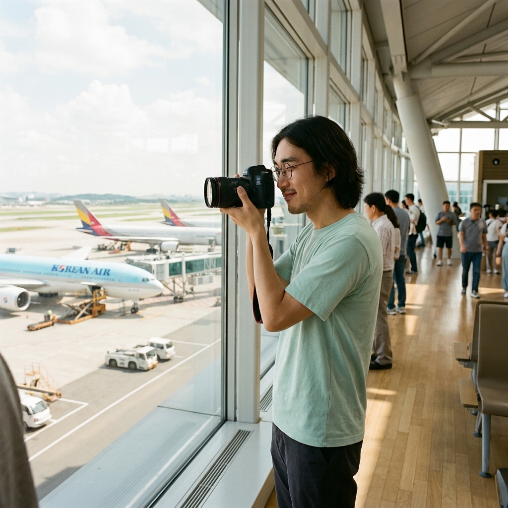 인천공항 제2터미널 5층 전망대 내부, 유리창 너머로 보이는 계류장과 여객기, 밝은 자연광, 40대 남성이 카메라를 들고 서 있는 모습, 반팔 셔츠 착용