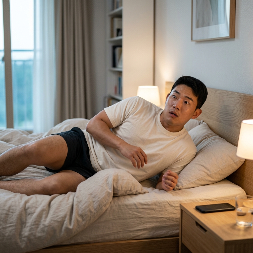 침대에서 잠들려는 사람이 갑자기 몸을 움찔하며 깨는 모습
