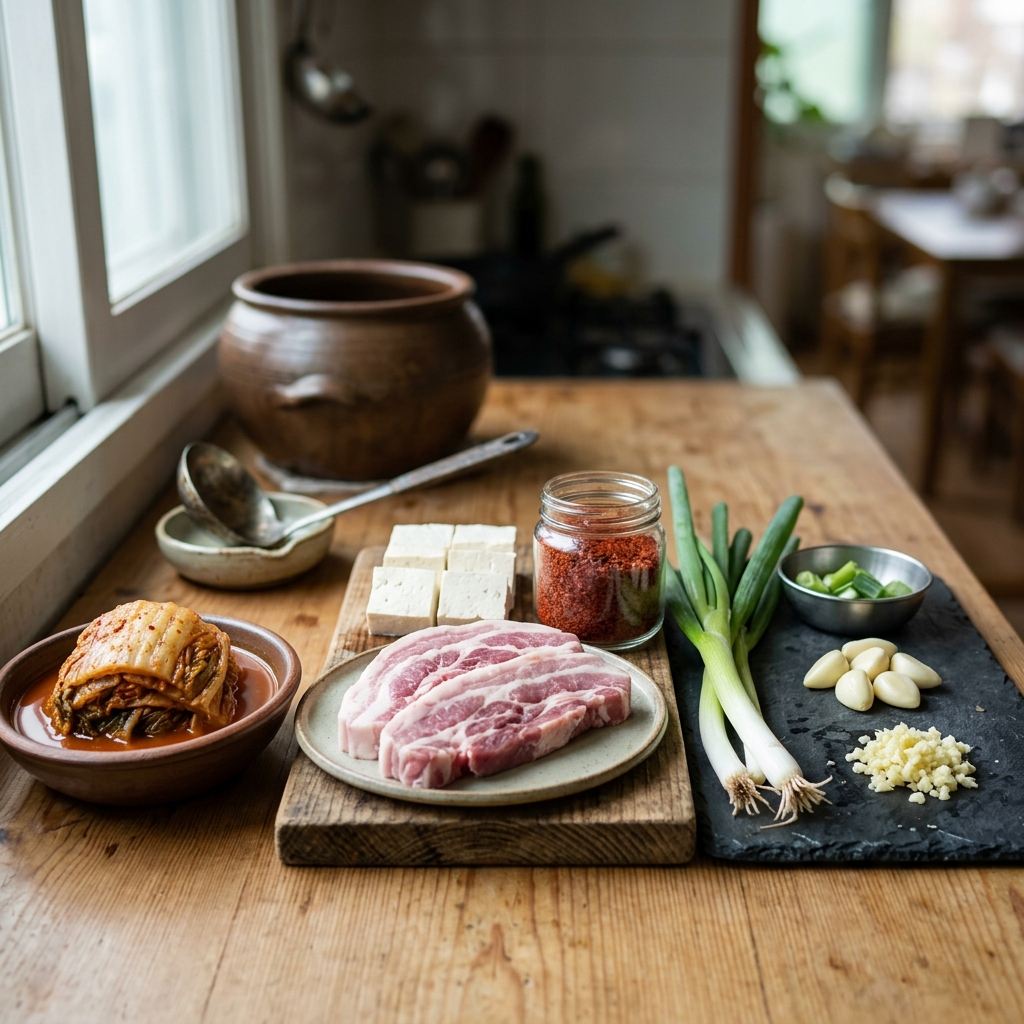 6가지 김치찌개 재료가 나란히 놓인 모습