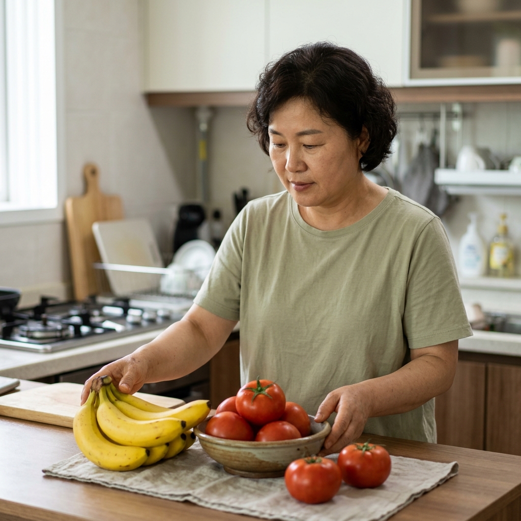 바나나와 토마토가 함께 놓인 주방 풍경