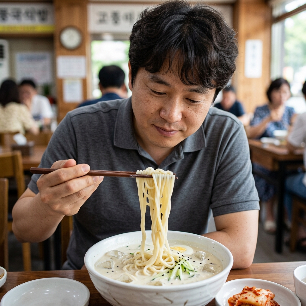 얼음이 동동 뜬 하얀 콩국수 한 그릇과 면을 건지는 장면