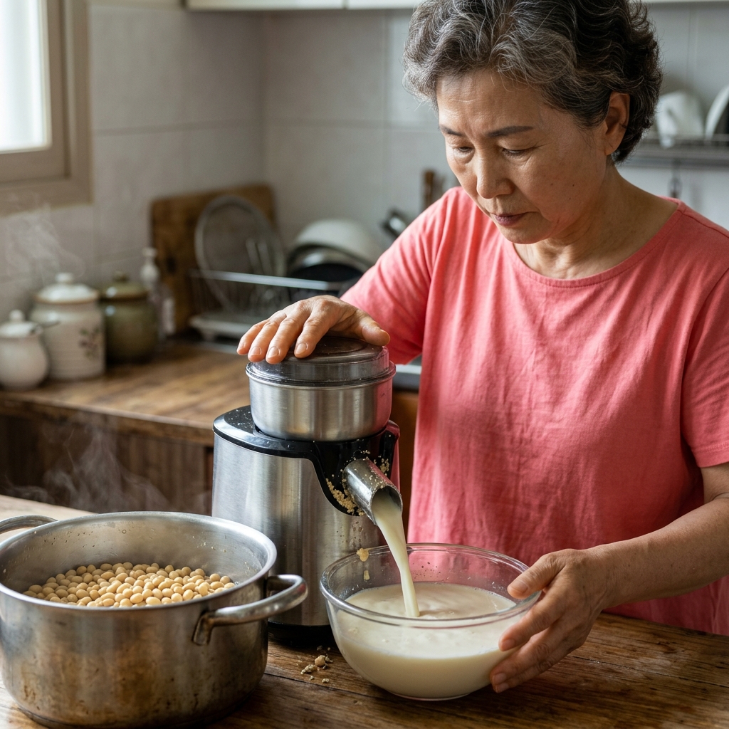 삶은 콩을 갈아 하얀 콩물을 만드는 과정