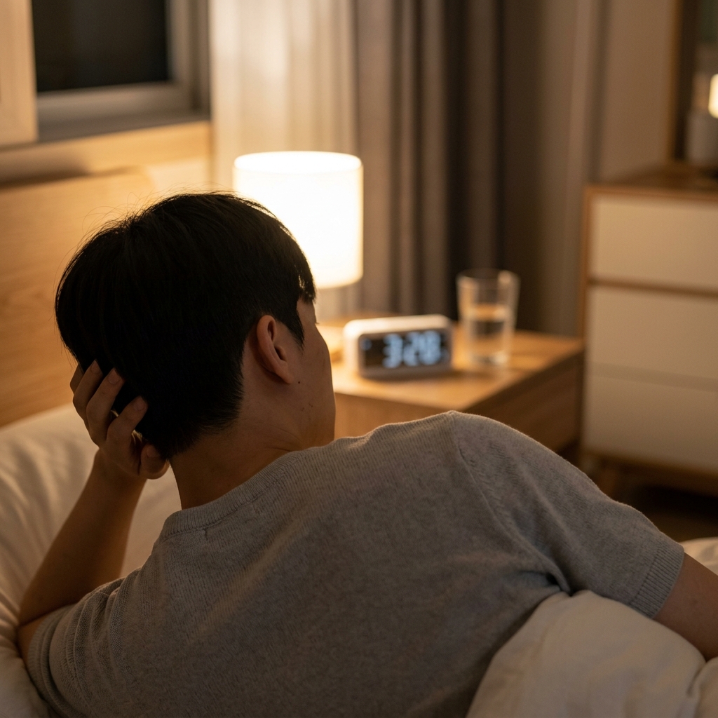 침대 옆 시계를 바라보며 잠을 이루지 못하고 뒤척이는 한국인의 모습, 어두운 침실 배경