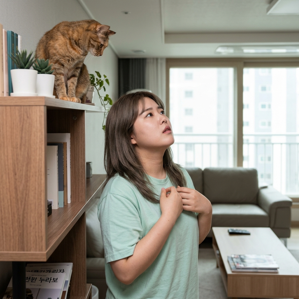 한국인 집 거실에서 한국인 여성이 선반 위 고양이를 걱정스럽게 바라보는 생활 장면