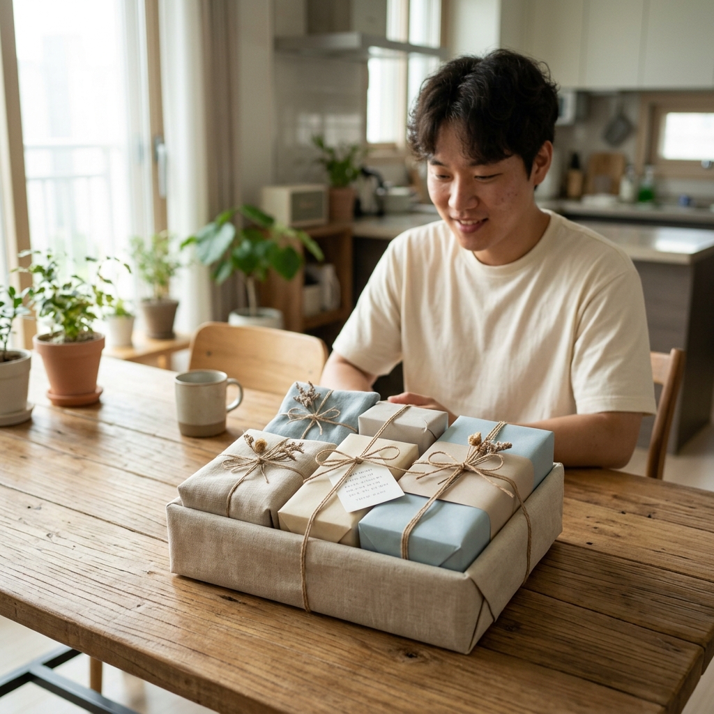 깔끔하게 포장된 집들이 선물 세트가 테이블 위에 놓여 있는 모습