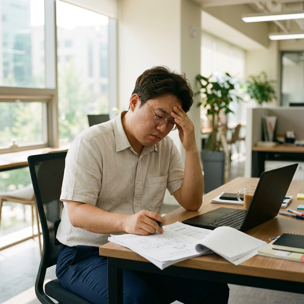 책상 앞에 앉아 서류를 펼쳐 놓고 이마에 손을 얹으며 집중하기 어려워하는 30대 성인의 모습, 창밖으로 부드러운 자연광이 들어오는 사무실 환경