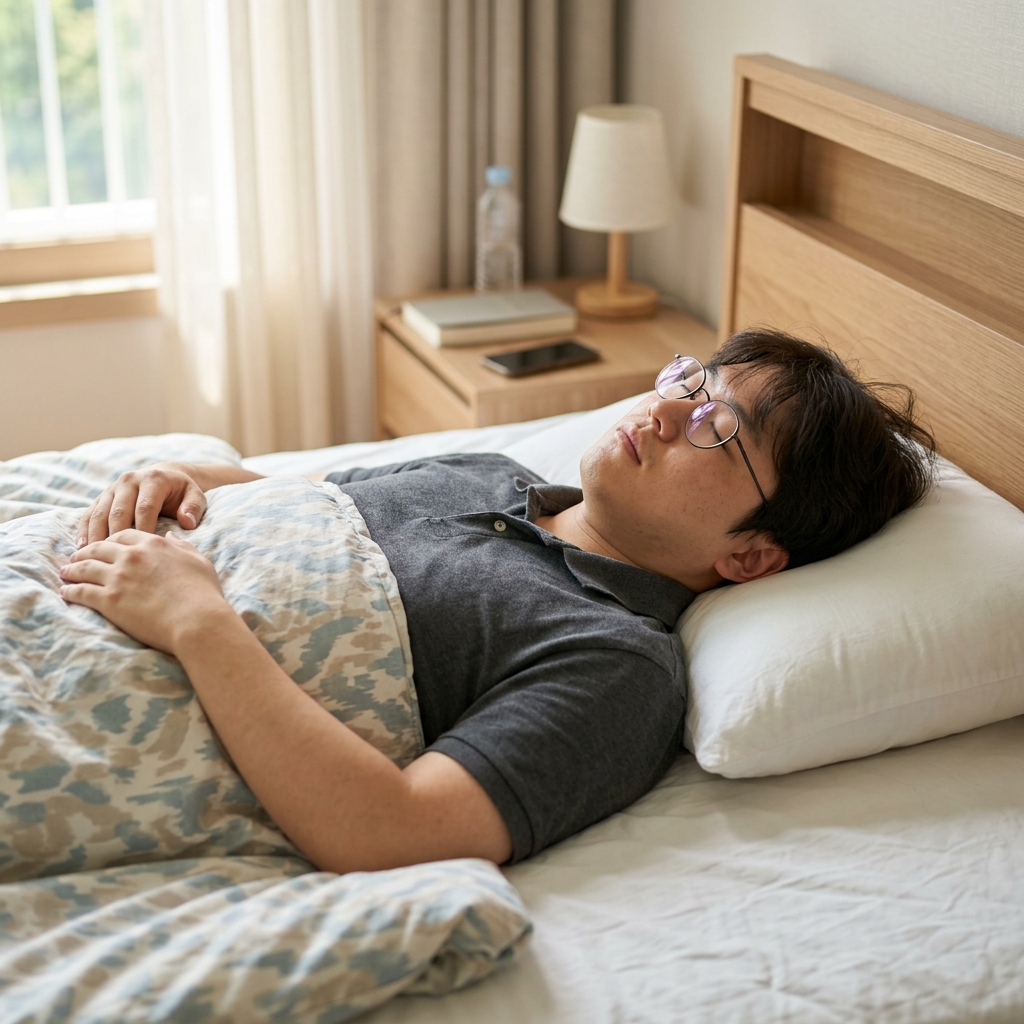 침실에서 바로 누워 편안하게 자고 있는 성인의 모습